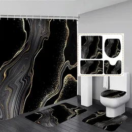 Black Marble Shower Curtain Set Gold Lines Abstract Textured Pattern Modern Bathroom Decor Non-slip Rug Bath Mats Toilet Cover 240222