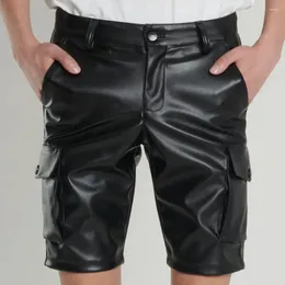 Herren-Shorts, Leder, Cargo-Stretch, modische PU-Taschen, schmale Passform, elastisch, für Nachtclub, Party, Tanz, kurze Hosen