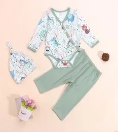 Clothing Sets Baby Girls Boys 3Pcs Outfit Cartoon Animal Plant Printing Long Sleeve Oblique Button Romper Pants Cap Set5087049