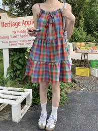 Casual Kleider Ärmellose Frauen Bunte Vitalität Helle Falten Plaid Streetwear Urlaub Süße Sommerkleid Sommer Studenten Vestidos