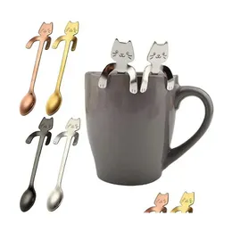 Spoons Stainless Steel Coffee Long Handle Creative Mini Cat Tea Spoon Drinking Tools Kitchen Gadget Flatware Tableware Drop Delivery Dhvtg