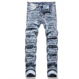 2024 Spring Men's Jeans Regular Fit staplad Patch Ejressad förstörde rak denim Pants streetwear kläder casual jean