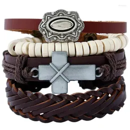 Charme pulseiras liga cruz contas conjunto marrom trançado corda pulseiras de couro genuíno envoltório pulseiras vintage moda hiphop jóias