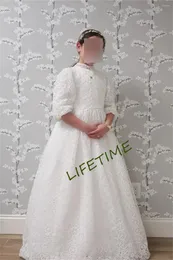 Girl Dresses Thick Lace Littler Wedding Dress High Collar Puffy Sleeve Long Flower Party Gown