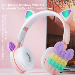 Headphone/Headset New Cartoon Bubble Rainbow Decompression Wireless Bluetooth Cat Ear RGB Headset with mic Children's headphones support TF card
