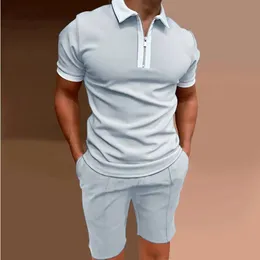 Summer Mens Polos Tracksuits Short Sleeve Zip Polo Shirts Shorts Set Hombre Sport Casual Jersey 2-piece Suit Jogger Clothing 240223