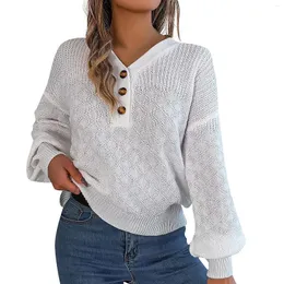 Women's Sweaters Autumn And Winter Pullover Sweater Solid Color Casual Loose V-Neck Button Lantern Sleeve Pull Femme