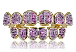 Nowe niestandardowe dopasowanie Hip Hop Gold Teeth Grillz Caps Micro Pave Fuchsia Cubic Zirconia Górna dolna grille Zestaw na prezent Bożego Narodzenia Kobiety 5484848