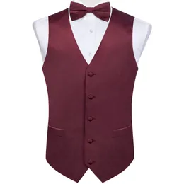 Bourgogne Red Solid Silk Men Passar Vest Pretied Bow Tie Set Wedding Party Formal Tuxedo Manlig Blazer Waistcoat Business 240228