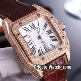 Nowy duży 100xl 40 mm WM502051 Biała tarcza automatyczna męska zegarek Rose Gold Diamond Case Brązowe skórzane paski sportowe Strefa zegarków 2 201z