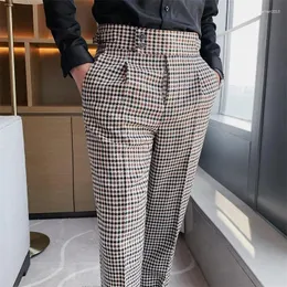 Men's Suits British Style Men High Waist Business Dress Pants Fashion Houndstooth Office Social Suit Wedding Groom Casual Trousers