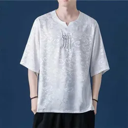 Homens camisetas Mens 2023 Verão Estilo Chinês Bordado Tang Vestido Mens Ice Silk Confortável T-shirt Moda Solta Manga Curta Top J240228