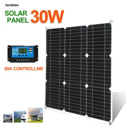 Solar Home Solar System 30W 2USB5V 18V DC Photovoltaic Solar Panel Kit 60A Controller Caravan Power Battery Charging Outdoor PV Module