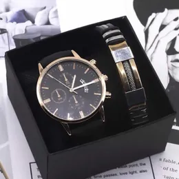Men Watch Bracelet Set Fashion Sport Wrist Watch Alloy Case Leather Band Watch Quartz Business Wristwatch calendar Clock Gift 2106270c