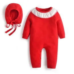 Sets 2022 Baby Knitted Rompers with Hats Newborn Knitting One Piece Jumpsuit Infant Red Knitwear Bodysuit Baby Girls Knit Romper