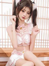 Work Dresses Sexy Anime Maid Split Pink Girl Uniform Small Chest Show Big Sheer Charm Skirt Set Bell Design Bowknot Sweet Cute Passion BF92