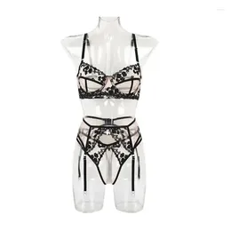 Bras Sets Sexy Extroic Embroidery Lingerie Panties Three-piece Set Ultra Thin Style With Steel Ring Girdle Bra Underwear