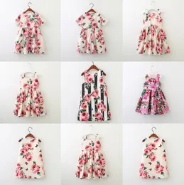 Children Summer Girls Designer Dress Full Print Rose Vest Dresses European American Style Baby Kids Clothing