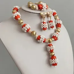 Dudo African Women Style Orange Original Coral +White Beaded Party Jewelry Set Simple Nigerian Wedding Bridal Jewelry