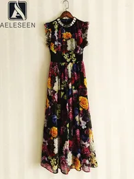 Sıradan elbiseler aeleseen kadınlar yazlık elbise tasarımcısı moda kolsuz çiçek baskı boncuk kristal fırfırlar uzun parti plajı