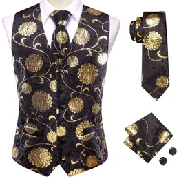 Gilet da uomo di lusso Seta Paisley Cravatta in oro nero Fazzoletto Gemelli Abito senza maniche Gilet Set Business Designer HiTie 240228