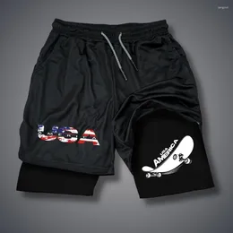 Men's Shorts Double Layer Fitness USA Letter Print Summer Gym Training 2in1 Sports Quick Dry Workout Jogging Short Pants