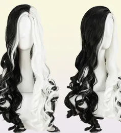 CRUELLA Deville De Vil Cosplay Wigs 75cm Long Curly Half White Black Heat Resistant Synthetic Hair Cap Y09138421555
