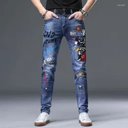 Calças de brim masculinas em linha reta graffiti homem calças primavera verão namorado magro streetwear magro zips azul cacual calças jeans longas