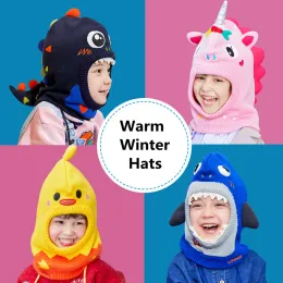 세트 아이 겨울 모자 폼팟 어린이 니트 모자 아기 소녀 소년 3D 동물 모자와 따뜻한 양털 안감 모자