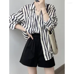 Women's Blouses Korean Style Linen Vertical Striped Long-Sleeved Shirt 2024 Summer Light And Thin Sun Protection Top
