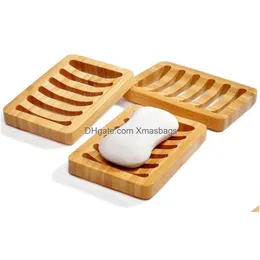Soap Dishes Qbsomk Portable Wooden Natural Bamboo Tray Holder Storage Rack Plate Box Container Bathroom Dish Drop Delivery Home Gard Dhnug