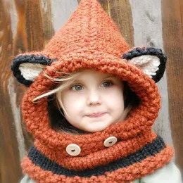 セットベビーハット冬の赤ちゃんウールパターンキツネのかぎ針編み帽子スカーフセットガール