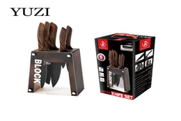 yuzi Kitchen Knives 6pcs مجموعة من الفولاذ المقاوم للصدأ شيف سكين خبز سكين تقطيع أداة تقشير الأدوات اللحم مع block4934630