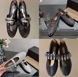Designer Luxury Shoes New Women Ballet Flats Hollowed Out Mesh Sandal Mules Round Head Rhinestone Rivet Buckle Mary Genuine Leather Jane Loafers Slide On 11