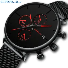 Watches Crrju Mens Watches Sport Wrist Watch Unique Design Stainless Steel Auto Date Mesh Strap Men Fashion Casual Quartz Watches