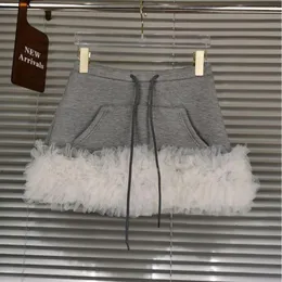 Skirts 2024 Early Spring American Fashionable Design Gray Hoodie Fabric Lace Short Skirt Looks Slim And Trendy