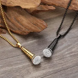 Pendant Necklaces HaoYi Gold Black Microphone Zircon Hip Hop Rock Stainless Steel Men's Necklace