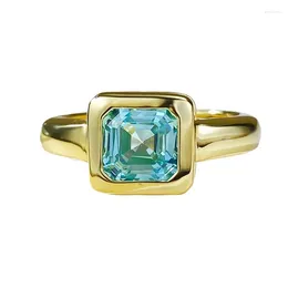 Cluster Rings SpringLady 7 MM Asscher Cut Aquamarine Gemstone Vintage 18K Gold Plated 925 Sterling Silver Ring For Women Engagement Jewelry