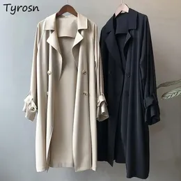 X-Long Trench Coats Women S-3XL Pure Color Minimalist Windbreak EuropeanElegant Teme Teme Office Lady Clothing Designer Vintage240228