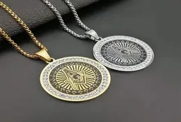 Hip Hop Rhinestones Paved Bling Iced Out Round Stainless Steel Masonic Illuminati Eye Pendants Necklaces for Men Rapper Jewelry2233325