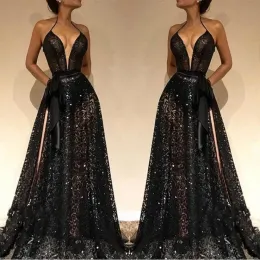 Split Side High Black Sexy Prom Dresses Halter Neck A Line Full Lace Sequin Backless Designer Evening Gowns BC0229
