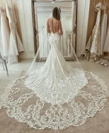 Romantic Long Bridal Veils Cathedral Length White Ivory Lace Applique 4M Wedding Veil With Comb High Quality velo de novia