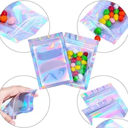 Packing Bags Wholesale 500Pcs Drop Resealable Mylar Bags Holographic Color Mtiple Sizes Smell Proof Bag Clear Zip Lock Food Candy Stor Dhcqa