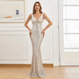 YIDINGZS Women Beading Dress Long Prom Deep V Neck Silver Sequin Evening Sexy Party Maxi 240226
