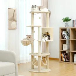 Scratchers H152cm Large Cat Tree Tower Condo Abborre Sisal Scratching Poster för Kitten Multilevel Tower med helt boll Hummock Gray Beige