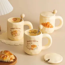Mugs 1pc ceramic mug with spoon and lid Cute ceramic coffee cup milk cup cartoon cup steaming microwave cup.L2402