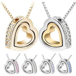 QCooljly Jold Heart in Heart Shaped Austrian Crystal Pendant Necklace Fashion Jewelry for Women Part