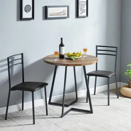 2 döşemeli sandalyeli yuvarlak mutfak masası, kahvaltı köşesi için çelik çerçeveli 3 parçalı ahşap yemek seti, yemek odası ve küçük alan, kahverengi