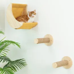 Conjunto de rede para gatos, 3 peças, em forma de lua, prateleira de parede, poleiro e 2 postes para arranhar, para gatos internos, móveis de escalada para dormir