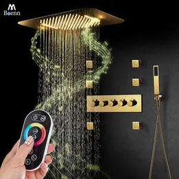 M Boenn Conjunto de torneiras de chuveiro dourado para banheiro Sistemas misturadores termostáticos inteligentes Moderno teto oculto LED Painel de chuveiros musicais Spa Multi funções Chuveiro de chuva